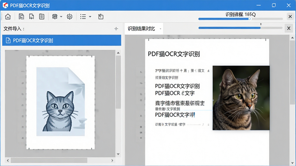 主体:PDF猫OCR文字识别软件的界面截图,展示主窗口与识别结果对比。布局:左侧为文件导入区,右侧为识别文本预览区。排版:清晰的功能分区,顶部工具栏。风格:现代简约,蓝白主色调。细节:界面中显示