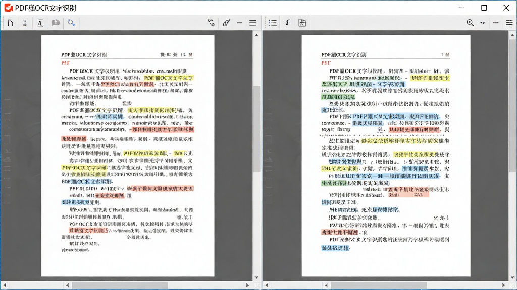 主体:PDF猫OCR文字识别软件正在识别一份中文PDF文件,左侧显示原文档图片,右侧显示识别出的文字。布局:左右分屏对比展示。排版:原文档与识别文本上下对齐。风格:专业办公风格,浅色背景。细节:识别文字高亮显示,软件名称