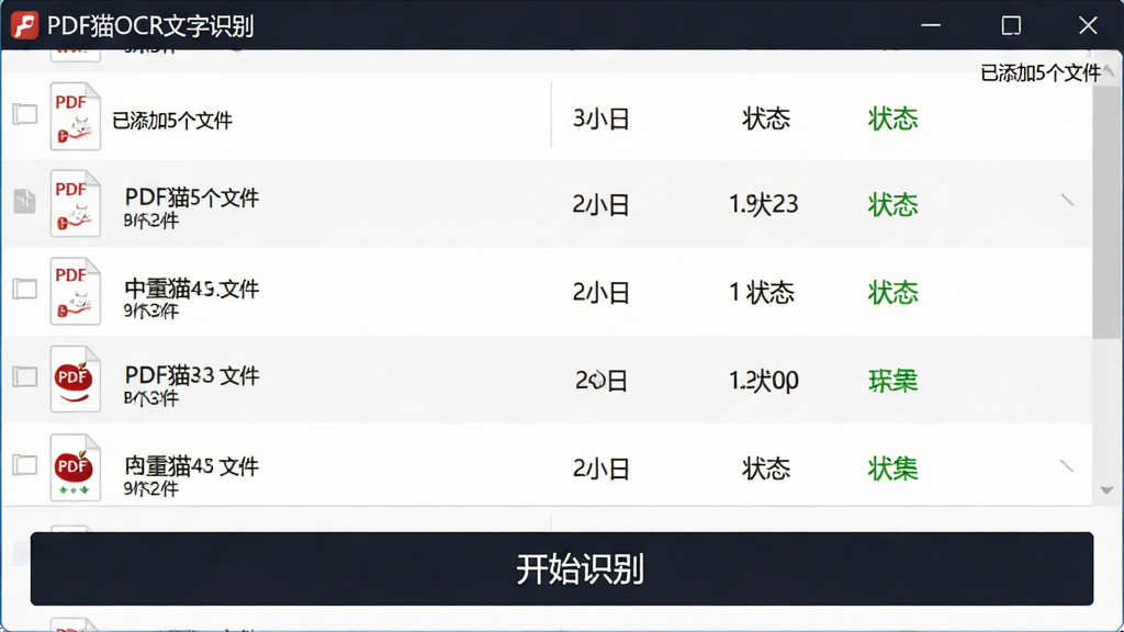 主体:PDF猫OCR文字识别软件的批量处理界面,多份PDF文件在列表中排队。布局:列表式文件队列,底部有