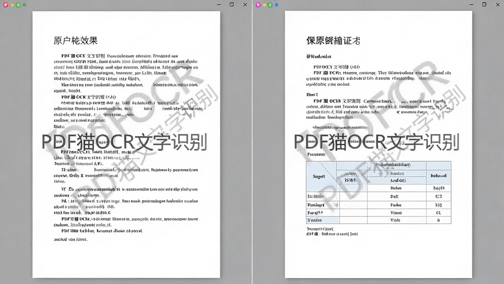 主体:PDF猫OCR文字识别软件展示识别后的文档排版效果,左侧为原图,右侧为还原后的Word页面。布局:对比展示,突出还原度。排版:段落分明,表格样式一致。风格:商务办公风格,白色背景。细节:文字清晰,软件名称