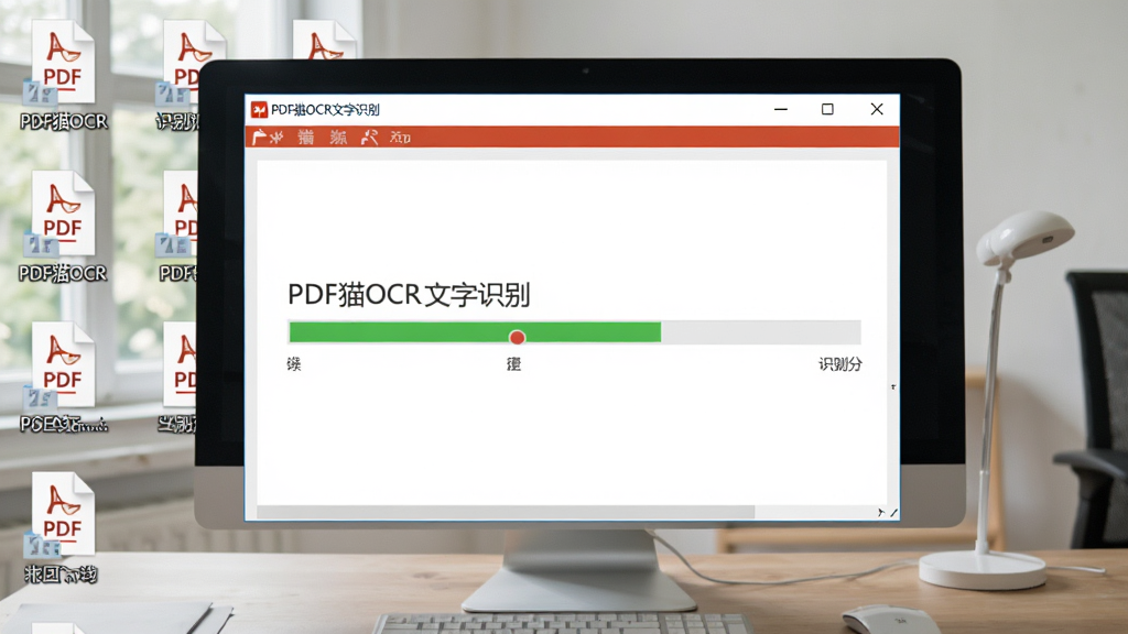 主体:PDF猫OCR文字识别软件在电脑上运行的截图,桌面上有多个PDF文件图标。布局:软件窗口居中,背景为桌面。排版:窗口内显示识别进度条。风格:真实使用场景,自然光效。细节:软件名称