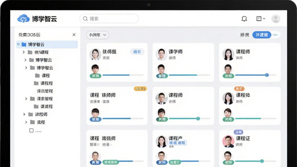 展示“博学智云”课程管理界面的图片,主体为电脑屏幕上的软件界面,左侧是分类树状目录,右侧是课程卡片网格,每个卡片显示课程名称、讲师头像和进度条,布局规整,排版清晰,风格为简洁的UI设计,细节包括搜索框、排序按钮、彩色标签,画质细腻干净,无多余元素
