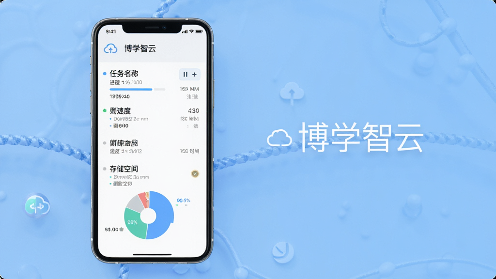 一幅展示“博学智云”离线下载功能的图片,主体为手机界面,屏幕上有下载管理列表,显示任务名称、进度条、速度、剩余时间,布局为列表式,排版整齐,风格为浅色背景的移动端UI,细节包括暂停/继续按钮、已完成标识、存储空间饼图,画质干净明亮,无多余元素