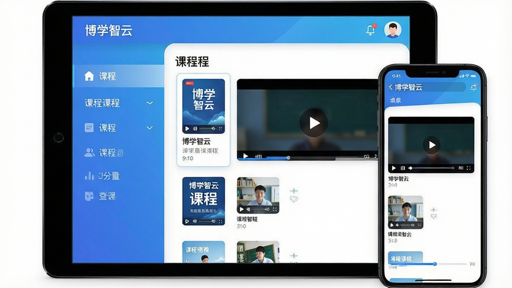 一张现代风格的教育科技类图片,主体为“博学智云”软件在平板电脑和手机上的界面展示,界面清晰显示课程列表、视频播放窗口和进度条,布局简洁明快,排版以左侧菜单右侧内容为主,整体采用蓝白渐变主色调,扁平化设计风格,细节包括播放按钮、课程封面缩略图、用户头像,画质高清干净,无多余元素