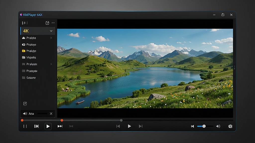 主体为 KMPlayer 64X 播放器主界面,界面中央播放一部色彩鲜艳的 4K 自然风光演示片,画面清晰细腻,播放器整体采用深色时尚主题,布局简洁大方,界面周围有播放控制按钮、播放列表和音量调节等元素;排版采用居中构图,界面占据画面主体,背景为柔和的深灰渐变;风格现代科技感,突出高清播放核心卖点;细节上注意播放器界面边缘有高光质感,画质为超高清 8K 渲染,干净无多余元素