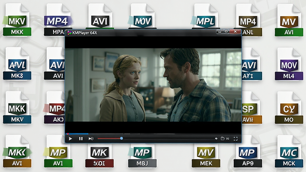 主体为 KMPlayer 64X 播放器界面,背景墙展示各种视频文件图标,包括 MKV、MP4、AVI、MOV 等格式,播放器窗口悬浮在中央,显示一段高清动画电影画面;布局采用环绕式构图,文件图标环绕播放器窗口;风格简洁明亮,体现格式兼容性强的特点;细节上每个文件图标都有清晰的格式标识,画质为高清渲染,干净无多余元素