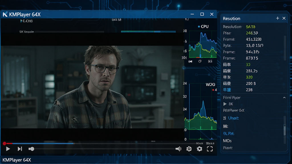 主体为 KMPlayer 64X 播放器正在解码播放一部 8K 超高清视频,画面中显示视频信息面板,包含分辨率、帧率、码率等参数,背景有 CPU 和内存占用率图表展示性能优势;布局采用左右结构,左侧为播放画面,右侧为性能监控面板;风格科技蓝调,突出高效解码能力;细节上体现流畅无撕裂的画面,画质为超高清渲染,干净无多余元素