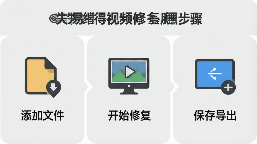 一张展示失易得视频修复软件使用步骤的图片,画面分为三步:添加文件、开始修复、保存导出,每个步骤都有清晰的图标和文字标注,背景为浅灰色,整体简洁明了,画质干净,无多余元素