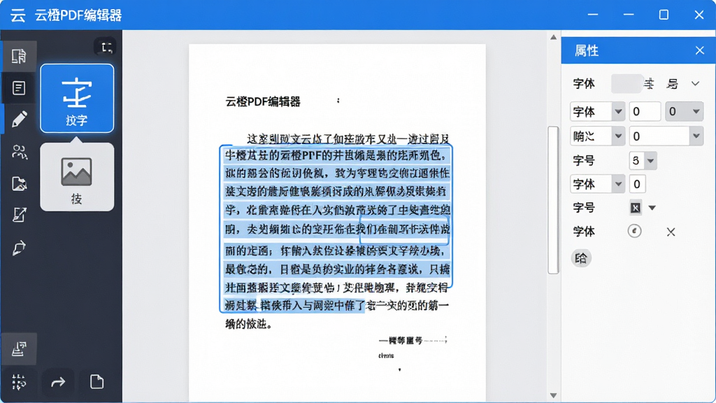 ��������ͼ������Ϊ���Ƴ�PDF�༭�����༭���ܽ��棬��๤����ͻ����ʾ���ֱ༭��ͼ��༭ͼ�꣬��������չʾһ�δ���ɫ�������PDF���֣��Ҳ����������ʾ���塢�ֺ�ѡ�������ɫ����ƽ����񣬻����������ɾ����࣬�޶���Ԫ�ء�