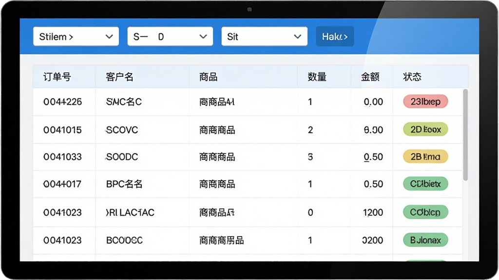 云客订单管理系统订单列表界面,屏幕上显示多行订单数据,每行包含订单号、客户名、商品、数量、金额、状态标签,顶部为筛选工具栏,界面清爽,蓝白配色,布局整齐,字体清晰,画质干净,无多余元素
