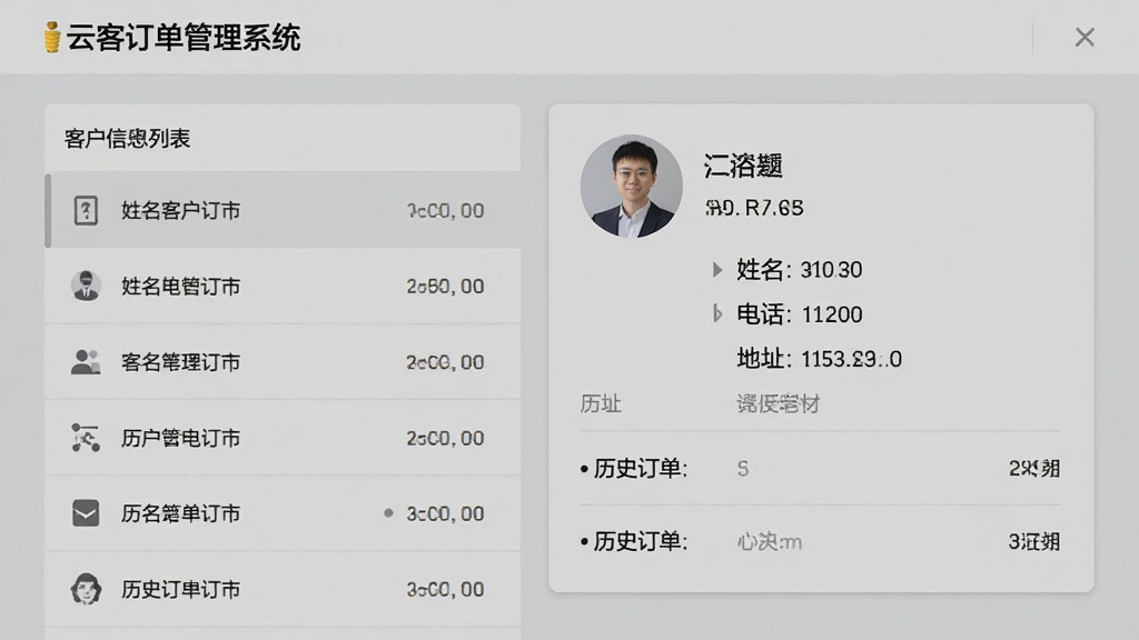 云客订单管理系统客户信息页面,左侧为客户列表,右侧为详情卡片,展示客户头像、姓名、电话、地址、历史订单,背景为浅灰色,卡片式设计,风格简洁商务,细节清晰,画质干净无多余元素