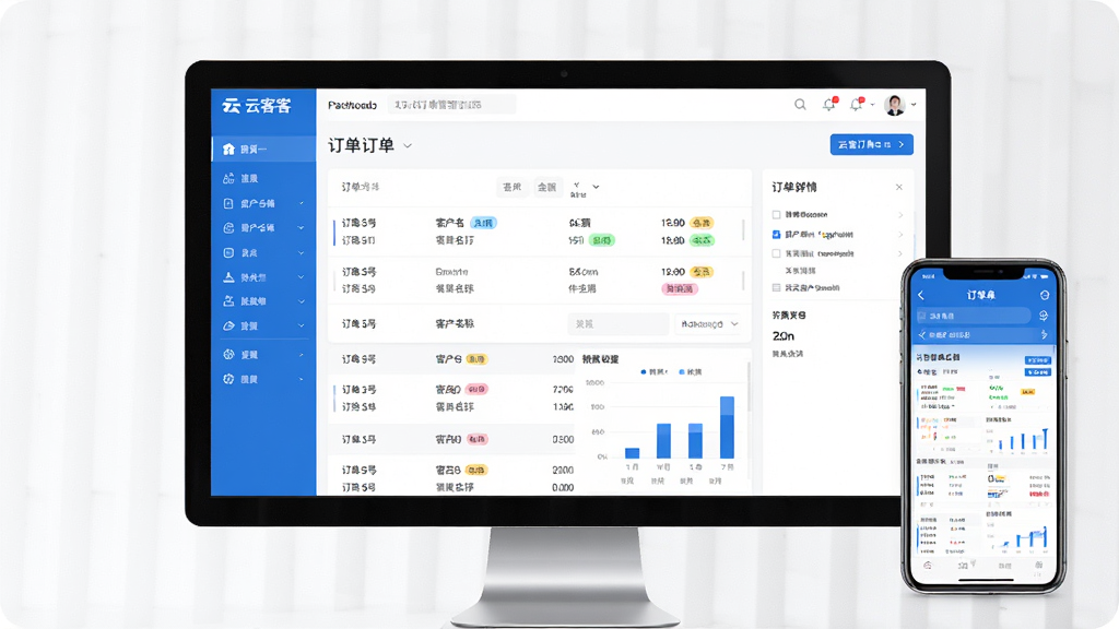 主体为电脑屏幕与手机界面展示云客订单管理系统主面板,屏幕中央显示订单列表与数据图表,界面以蓝白为主色调,布局清晰,左侧为功能菜单栏,右侧为订单详情区域,排版规整,风格现代简约,细节包括订单编号、客户名称、金额、状态标签,画质高清,整体干净无多余元素