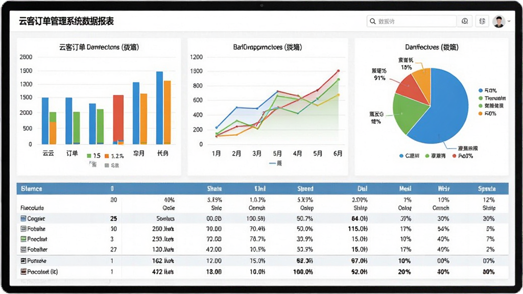 云客订单管理系统数据报表页面,屏幕显示多张统计图表,包括柱状图、折线图、饼图,图表配色鲜艳,底部有数据表格,背景白色,布局合理,风格专业,画质清晰,无多余元素
