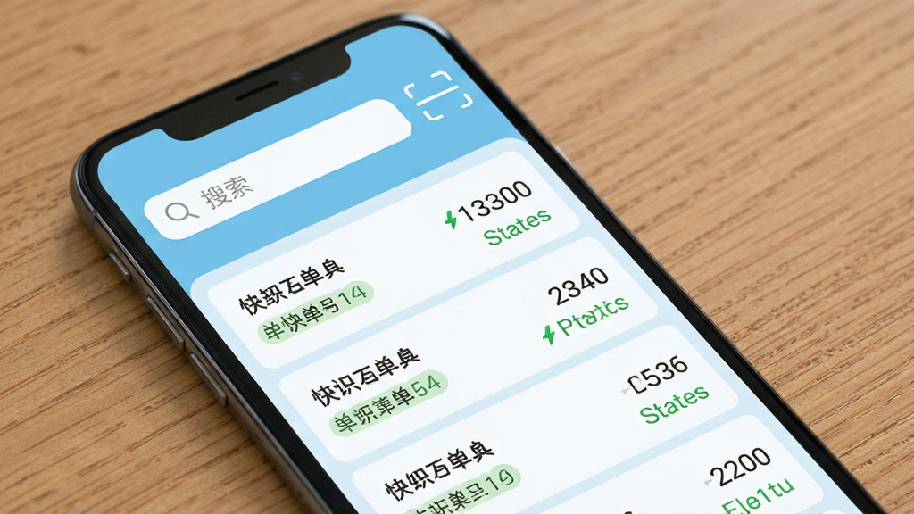 一张智能手机屏幕显示易查单应用主界面,界面简洁干净,上方有搜索框和扫描图标,下方列表展示多个快递单号及物流状态,背景浅蓝色,整体排版清爽,扁平化风格,细节丰富,画质高清,干净无多余元素