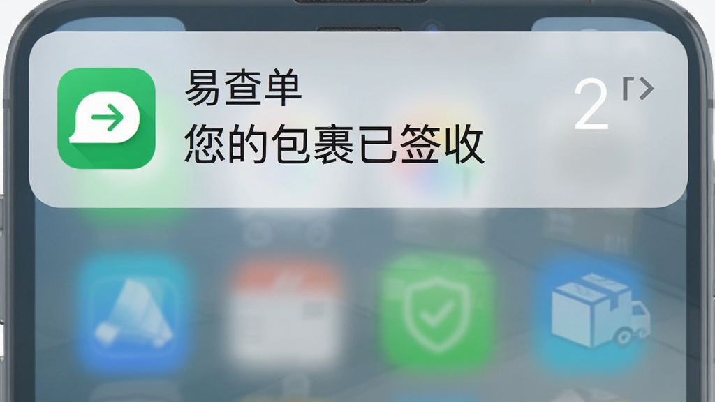 易查单应用推送通知展示,手机通知栏显示一条易查单的物流更新提醒,内容为“您的包裹已签收”,背景为系统通知栏样式,有应用图标和文字,整体简洁明了,风格写实,画质清晰,干净无多余元素