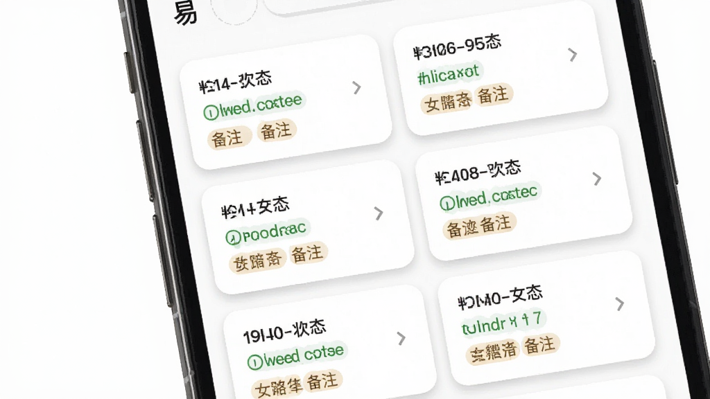 易查单应用包裹列表页面,手机屏幕上展示多个快递单号卡片,每张卡片显示物流状态和备注标签,背景白色,卡片有圆角阴影,整体排版整齐,扁平化设计,细节丰富,画质高清,干净无多余元素