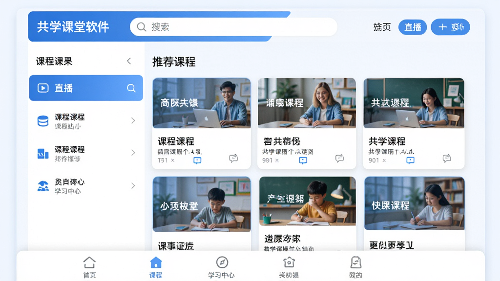 共学课堂软件主界面预览图,展示课程列表、直播入口与个人学习中心,界面采用蓝色与白色主色调,布局简洁明快,顶部为搜索栏与导航按钮,中部为推荐课程卡片瀑布流,底部为功能标签栏,整体风格现代扁平化,画质清晰干净,无多余元素