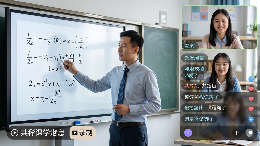 共学课堂高清直播授课场景,画面中老师正在电子白板上讲解数学公式,右侧为在线学生互动弹幕区域,左下角有课程标题与录制标识,界面色彩明亮,布局合理,风格写实,画质细腻干净