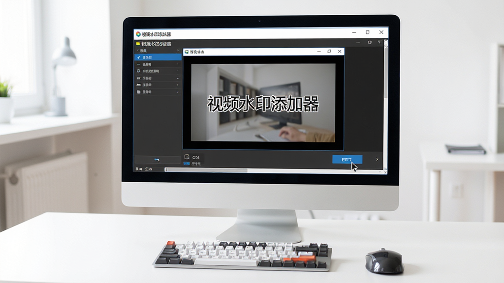 主体:用户正在使用视频水印添加器软件处理视频,电脑屏幕上显示软件界面和视频预览;布局:桌面电脑屏幕占据画面中央,屏幕上清晰展示软件操作界面,键盘和鼠标在下方;排版:简洁的产品展示风格,背景为干净的办公桌;风格:写实摄影风格,光线明亮;细节:屏幕中显示“视频水印添加器”软件窗口,视频画面带有水印文字,鼠标指针点击导出按钮;画质:高清、干净、无多余元素。