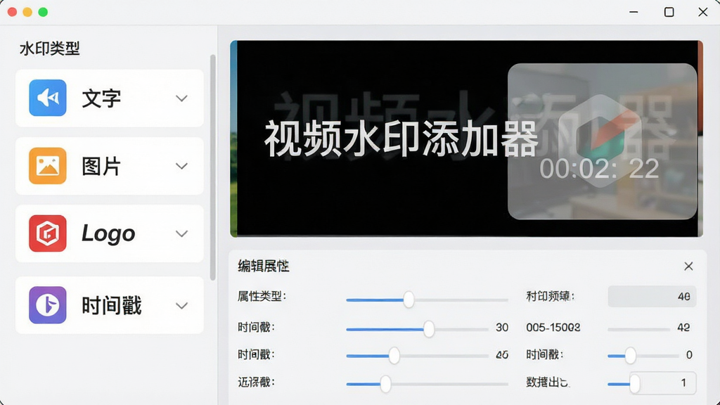 主体:视频水印添加器软件的功能展示界面,展示多种水印类型;布局:左侧为水印类型列表(文字、图片、Logo、时间戳),右侧为对应的编辑选项;排版:上下结构,上方是水印样式预览图,下方是详细的属性调节面板;风格:清新简约的UI设计,浅灰色背景搭配彩色图标;细节:每种水印类型都有一个示例效果,如文字水印显示“视频水印添加器”字样,图片水印显示一个半透明的Logo图标,时间戳显示动态时间码;画质:高清、干净、无多余元素。