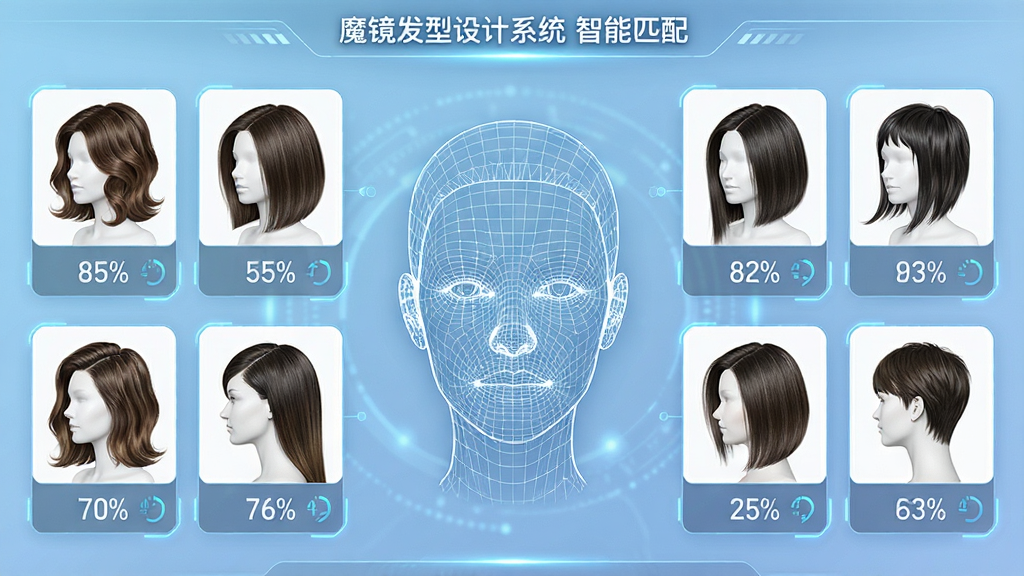 一张魔镜发型设计系统的智能推荐界面截图,界面中央是用户的脸部轮廓线框,周围环绕着多个推荐发型的缩略图,每个缩略图下方标有匹配度百分比,整体风格科技感十足,背景为淡蓝色渐变,排版整齐,画质细腻,图片上显示“魔镜发型设计系统 智能匹配”。