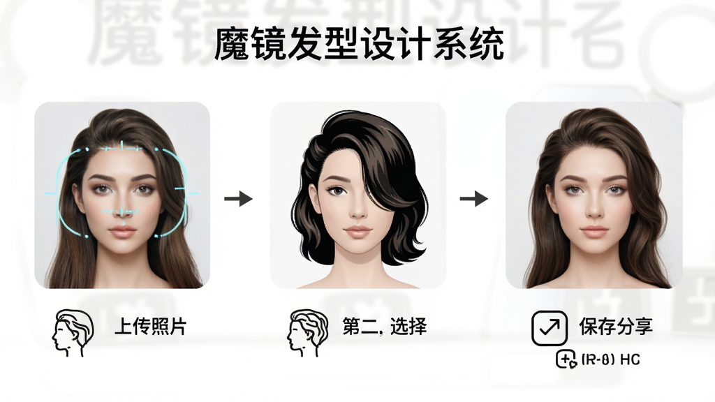 一张使用魔镜发型设计系统进行发型试戴的操作步骤图,画面分为三个步骤,第一步是上传照片,第二步是选择发型,第三步是保存分享,每一步都有简洁的图标与文字说明,整体风格清新简洁,背景为白色,画质干净,图片上带有“魔镜发型设计系统”字样。