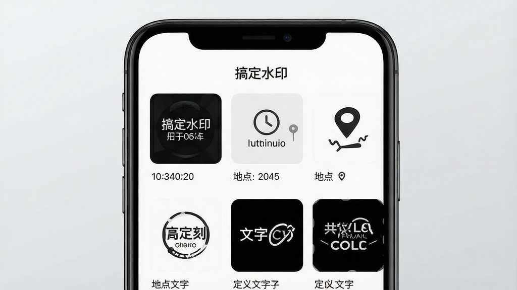 主体为一部智能手机屏幕特写,屏幕上显示“搞定水印”APP主界面,界面中有多款水印模板缩略图,背景为浅灰色渐变,布局为居中构图,排版简洁,风格为现代扁平化UI设计,细节包括时间日期水印、地点水印、自定义文字水印等元素,画质高清,干净无多余元素
