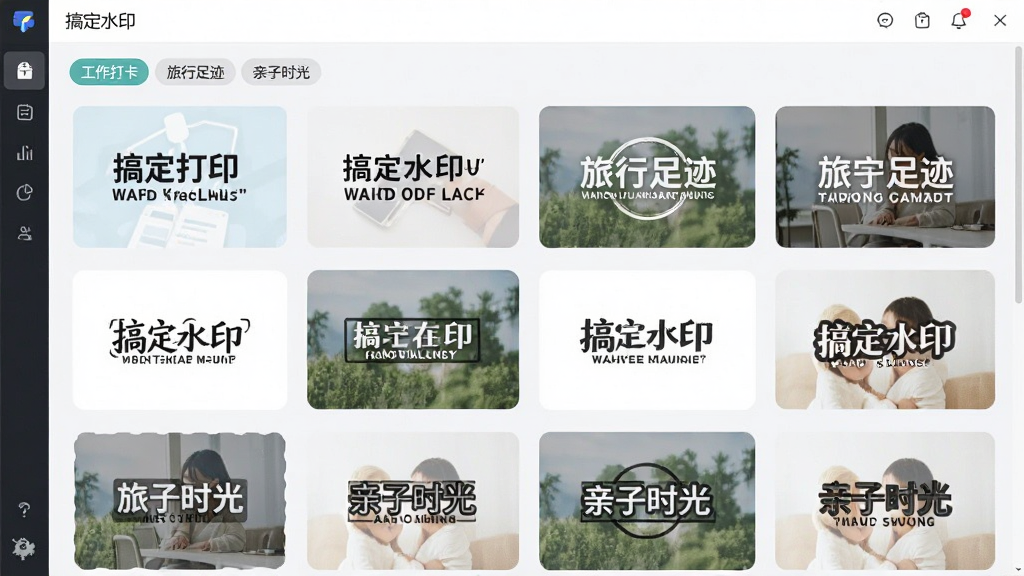 主体为“搞定水印”软件的水印模板库界面,布局为网格状排列,展示多款不同风格的水印样式,排版整齐有序,风格为清新明亮的UI设计,细节包括“工作打卡”、“旅行足迹”、“亲子时光”等分类标签,画质干净,无多余元素