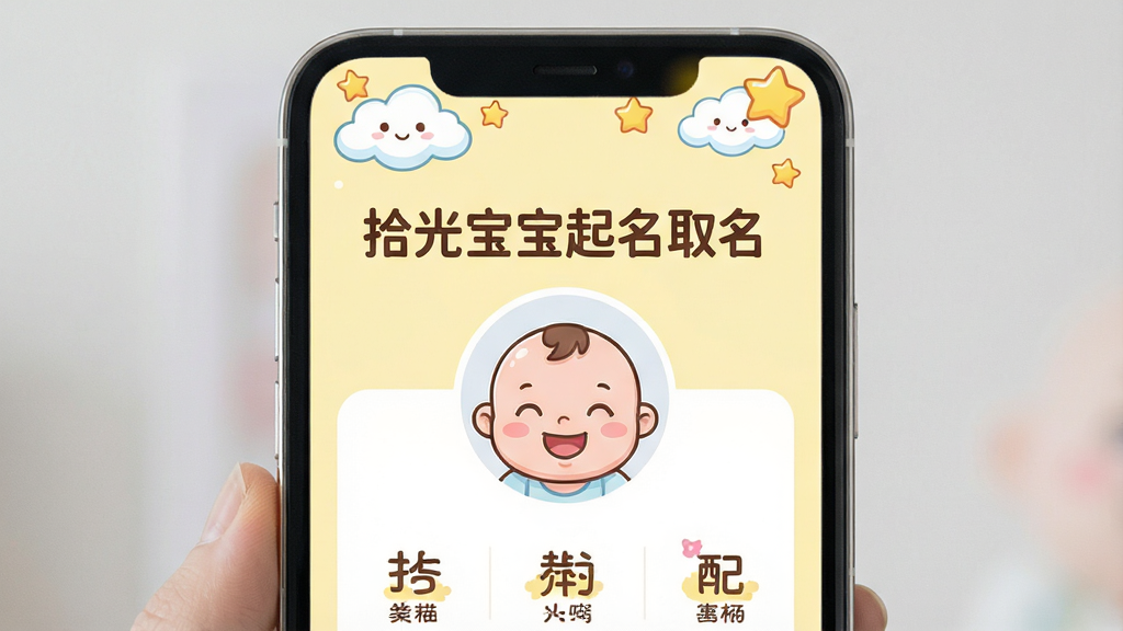 一张温馨明亮的手机应用预览图,屏幕中展示“拾光宝宝起名取名”的主界面,背景为柔和的浅黄色,界面顶部有可爱的云朵和星星图案,下方显示一个可爱宝宝的笑脸头像和几个寓意美好的汉字示例,整体风格清新卡通,画质干净,无多余元素,突出软件名称“拾光宝宝起名取名”。