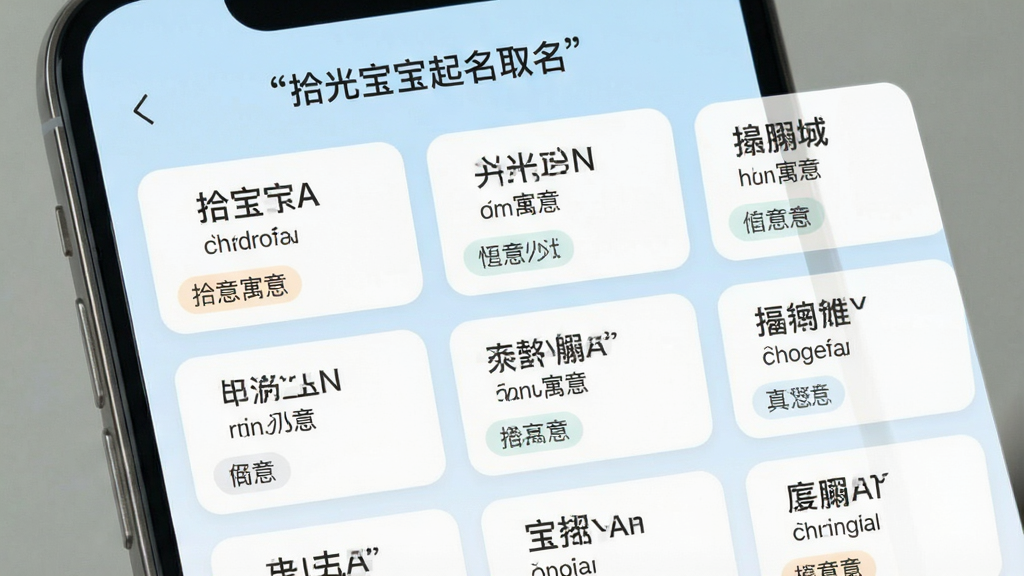 一张手机应用功能界面截图,屏幕展示“拾光宝宝起名取名”的智能推荐结果页,页面中整齐排列着多个姓名卡片,每个卡片上有名字文字、拼音和寓意小标签,背景以淡蓝色为主,卡片为白色圆角设计,界面布局清晰,风格简约现代,画质干净,无多余元素,突出软件名称“拾光宝宝起名取名”。