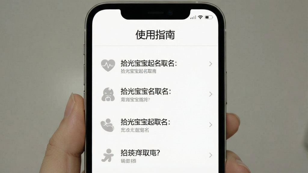 一张手机截图,展示“拾光宝宝起名取名”的“使用指南”页面,界面顶部有“使用指南”标题,下方为简洁的步骤说明列表,背景为白色,配以浅灰色的图标和文字,整体风格干净清爽,画质清晰,无多余元素,突出软件名称“拾光宝宝起名取名”。