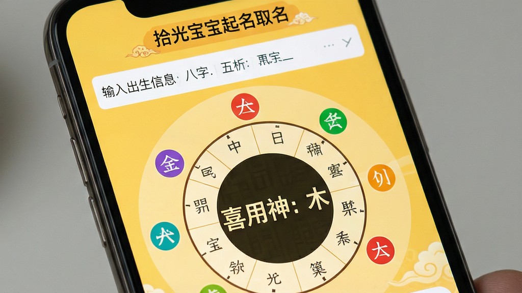 一张手机应用界面特写,屏幕展示“拾光宝宝起名取名”的八字分析页面,界面顶部为宝宝出生信息输入栏,下方显示一个圆形的八字盘,周围环绕着五行对应的颜色图标,在页面中央用醒目的字体显示“喜用神:木”,整体色调为暖黄色,风格传统且清晰,画质干净,无多余元素,突出软件名称“拾光宝宝起名取名”。