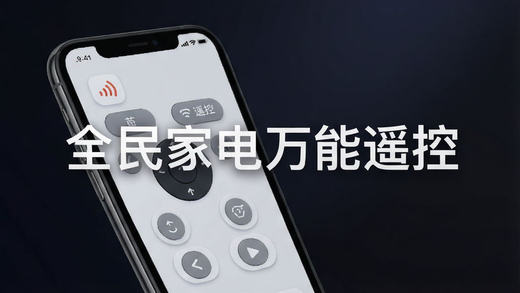 一张展示软件界面设计的图片,手机屏幕上显示遥控器面板,按键功能清晰,背景为深色渐变,突出“全民家电万能遥控”的品牌名称,整体风格现代简约,画质细腻,干净无多余元素