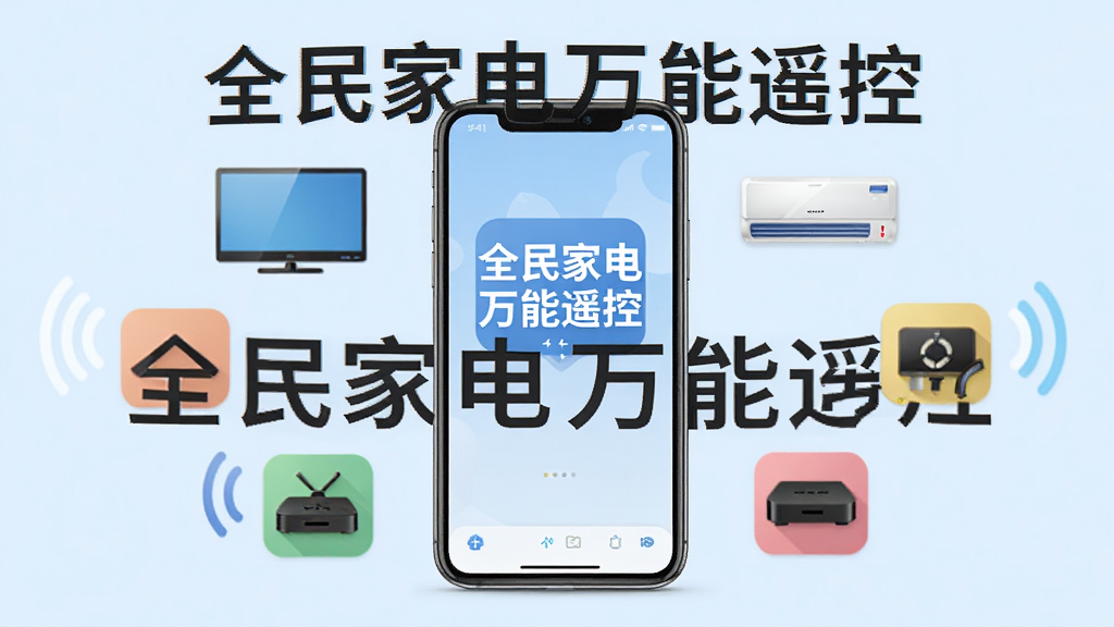 一张现代简约风格的宣传图片,画面中央是一部智能手机,屏幕显示“全民家电万能遥控”的界面,手机周围悬浮着电视、空调、机顶盒等家电的彩色图标,整体布局干净,浅蓝色背景,文字“全民家电万能遥控”清晰可见,画质细腻,干净无多余元素