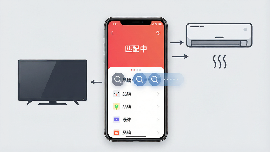 一张展示软件匹配过程的图片,手机屏幕显示“匹配中”和品牌列表,周围有电视和空调的图形,背景为淡灰色,界面UI设计现代,带有搜索动画效果,画质高清,干净无多余元素
