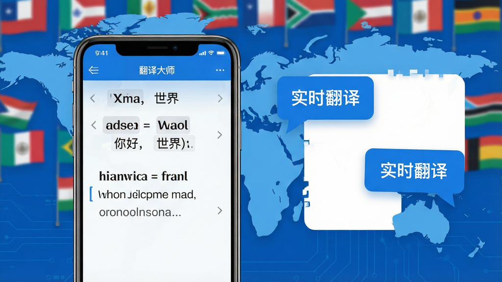主体:一部智能手机屏幕显示翻译大师应用界面,界面中英文互译结果清晰可见,背景为世界地图与多国旗帜元素。布局:手机居中偏左,右侧留白区域配以对话气泡图形。排版:简洁现代,图文平衡。风格:科技感蓝色调,扁平化设计。细节:屏幕内显示“翻译大师”应用名称和“你好,世界”的翻译结果,气泡上有“实时翻译”字样。画质:高清,干净,无多余元素。