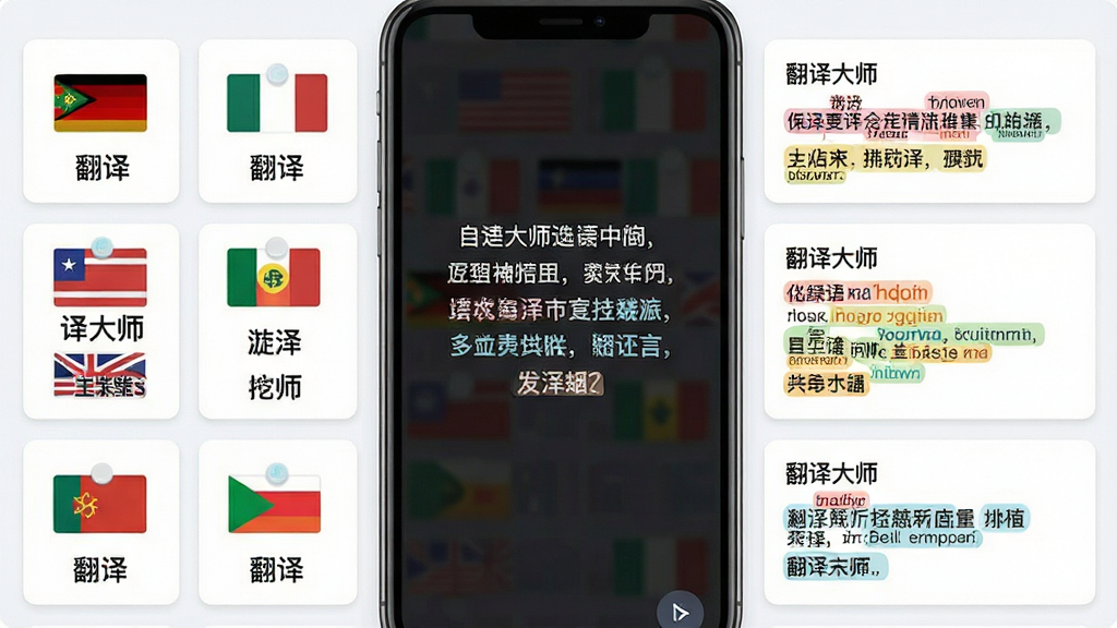 主体:翻译大师应用的多语言选择界面,屏幕上排列着各国国旗和对应语言名称,中央显示一段中文诗句被翻译成多国语言的对比。布局:语言列表纵向排列,翻译结果横向对比。排版:网格化卡片式设计。风格:清新扁平,色彩活泼。细节:每张卡片上标注语言名称和“翻译大师”字样,翻译结果用不同颜色高亮。画质:高分辨率,干净,无多余元素。