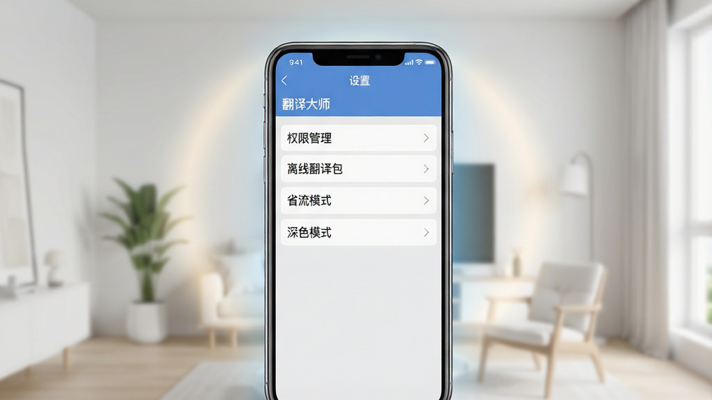 主体:翻译大师应用在手机上的设置界面,展示权限管理、离线包管理、省流模式等选项,背景为简洁的室内环境。布局:手机屏幕居中,周围有柔和的光晕。排版:列表式菜单,清晰易读。风格:极简主义,浅灰与蓝色搭配。细节:屏幕上有“翻译大师”和“设置”字样,菜单项包括“权限管理”“离线翻译包”“省流模式”“深色模式”等。画质:高清,干净,无多余元素。