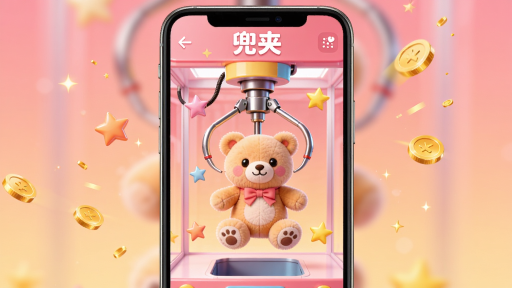 主视觉图中展示一款名为“兜夹”的手机应用界面,画面中心是一台色彩鲜艳的线上抓娃娃机,机械爪正抓着一个可爱的毛绒小熊,背景为温暖的粉色渐变,周围散落着星星和金币特效,整体风格明亮活泼,突出欢乐抓娃娃的氛围,界面清晰显示“兜夹”字样,画质干净,无多余元素