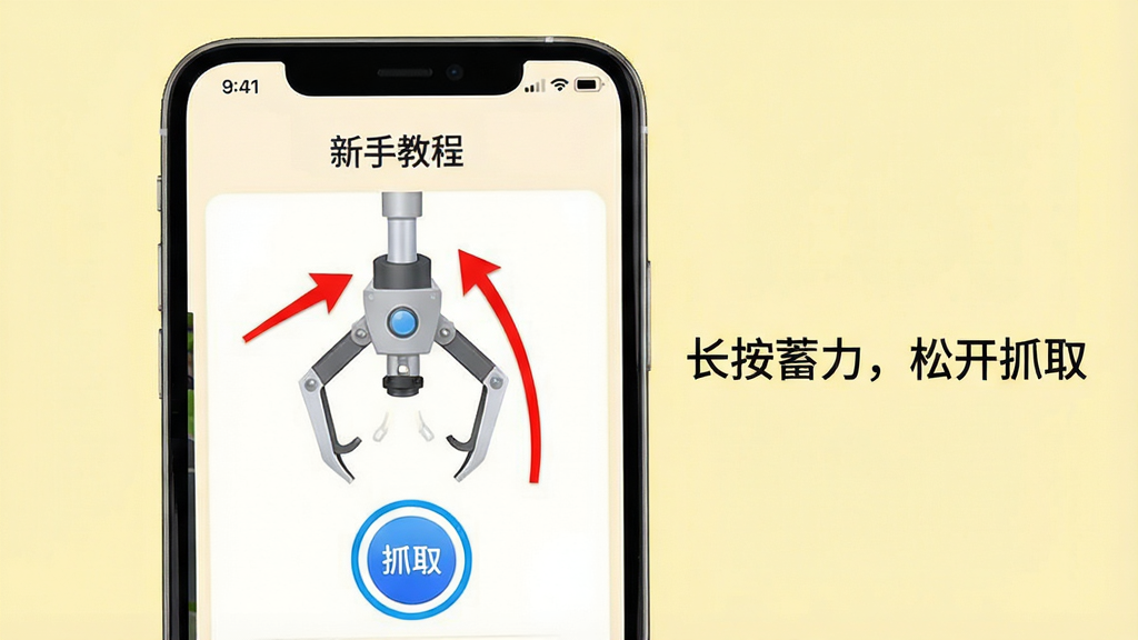 一张“兜夹”APP的教程截图,画面中手机屏幕显示“新手教程”界面,用红色箭头标注了机械爪的移动方向,用蓝色圆圈标出抓取按钮,旁边配有文字说明“长按蓄力,松开抓取”,背景为淡黄色,整体风格简洁清晰,画质干净,无多余元素