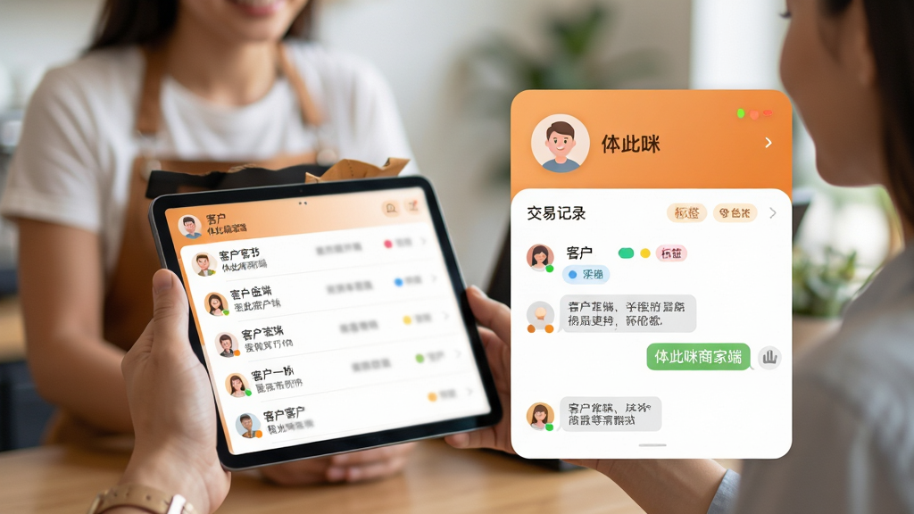 ���壺������̼Ҷ˿ͻ��������棬����Ϊ�ֳ�ƽ����Ե��̼���ͻ��������������֣����ΪͨѶ¼�б����Ҳ�Ϊ�ͻ����鿨Ƭ���������׼�¼�ͱ�ǩ���Ű棺��Ƭʽ��ƣ�ͷ��Բ����Ϣ���������������ů��ɫ���ɫ���䣬Ӫ���׺�����ϸ�ڣ��ͻ���ǩ�ò�ɫԲ���ʾ���Ի���չʾ�����¼�������С�������̼Ҷˡ���ʶ�����ʣ�ϸ����ͣ������黯������ͻ��������ɾ���