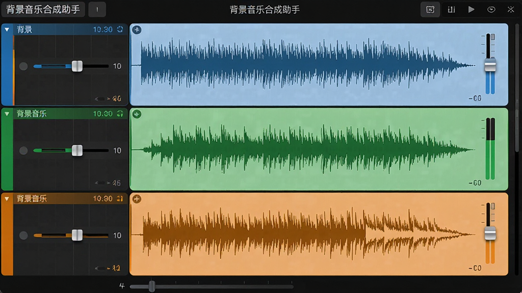 主体:背景音乐合成助手的多轨混音界面,显示三条音轨叠加。布局:轨道纵向排列,每条轨道有波形和音量滑块。排版:轨道颜色分别为蓝、绿、橙,清晰区分。风格:专业音频工作站风格,界面干净。细节:波形细节丰富,滑块位置精准,文字标注“背景音乐合成助手”。画质:高分辨率,干净,无多余元素。