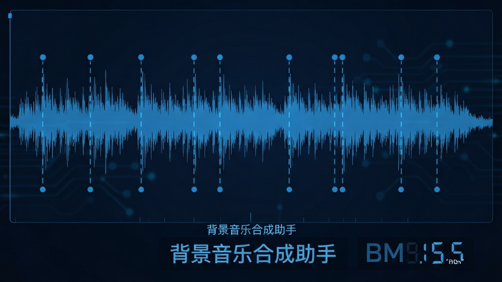 主体:背景音乐合成助手智能节拍对齐功能演示,显示波形图上的节拍点标记。布局:波形图居中,节拍点以虚线标记,下方有BPM数值显示。排版:波形图放大显示,节拍点均匀分布。风格:简洁科技感,蓝色调为主。细节:节拍点清晰可见,数值准确,文字标注“背景音乐合成助手”。画质:清晰,干净,无多余元素。