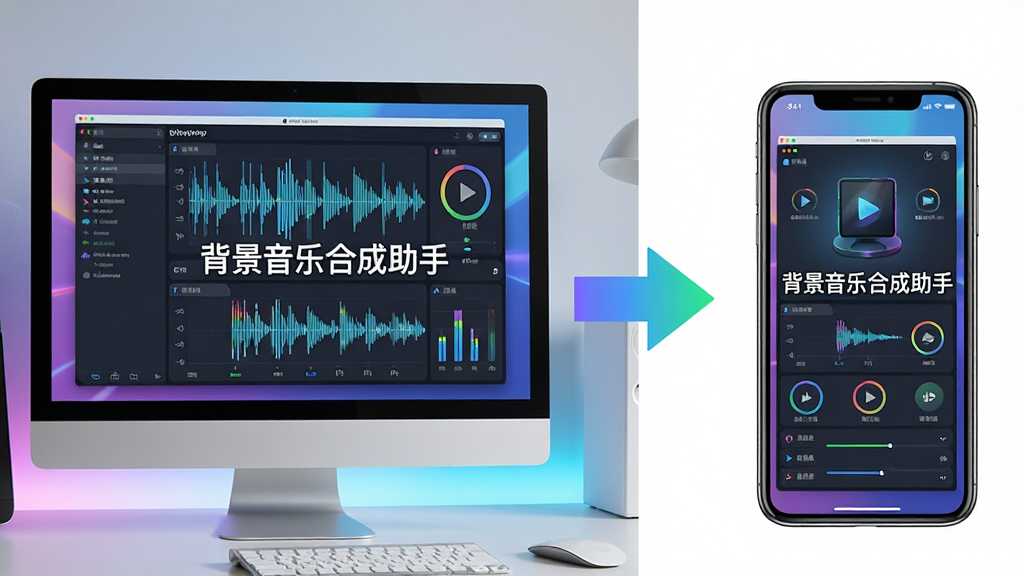 主体:背景音乐合成助手在手机和电脑上运行对比图。布局:左侧电脑屏幕,右侧手机屏幕,中间有箭头连接。排版:屏幕内显示软件界面,清晰可见。风格:科技感,色彩明亮。细节:界面元素完整,文字标注“背景音乐合成助手”。画质:高清,干净,无多余元素。