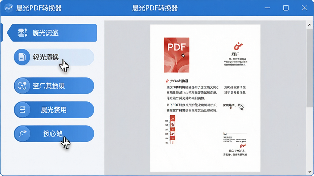 主体:晨光PDF转换器主界面展示,界面干净整洁,左侧功能列表清晰,右侧预览区显示PDF文件内容。布局:居中构图,功能按钮排列有序,色彩以蓝色和白色为主,体现专业与信赖感。排版:界面元素比例协调,文字标签清晰可读。风格:现代扁平化设计,柔和光影,科技感。细节:标题栏显示“晨光PDF转换器”字样,功能图标精致,鼠标悬停效果明显。画质:高清,干净,无多余元素。