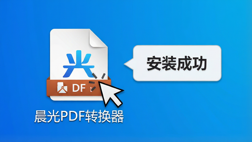 主体:电脑桌面上的晨光PDF转换器图标,鼠标点击运行,旁边有“安装成功”提示气泡。布局:桌面图标居中偏左,背景为纯净的蓝色渐变。排版:图标下方显示“晨光PDF转换器”名称,气泡文字清晰。风格:写实与扁平结合,色彩明亮。细节:图标为PDF文件样式,带有蓝色晨光Logo,画质高清,干净无多余元素。