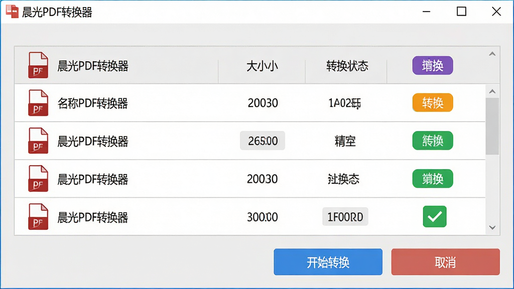 主体:晨光PDF转换器的“批量处理”功能界面,展示多个PDF文件同时转换的列表。布局:列表形式,每行显示文件名、大小、转换状态,底部有“开始转换”和“取消”按钮。排版:表格整齐,状态标签用不同颜色区分。风格:简洁实用,浅灰色背景,蓝色按钮。细节:文件名旁有PDF图标,转换完成项打勾,软件名称“晨光PDF转换器”在窗口左上角。画质:高清,干净,无多余元素。