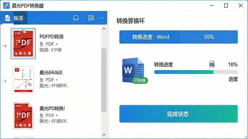 主体:晨光PDF转换器正在将PDF文件转换为Word文档的界面,左侧为PDF源文件列表,右侧为转换进度条和完成状态。布局:左右分栏设计,左侧文件缩略图,右侧转换选项与进度显示。排版:信息层级分明,操作按钮醒目。风格:商务简约风,蓝白配色,界面清爽。细节:转换完成的Word文档图标带有“已转换”标记,进度条显示百分比,软件名称“晨光PDF转换器”出现在顶部工具栏。画质:高清,干净,无多余元素。