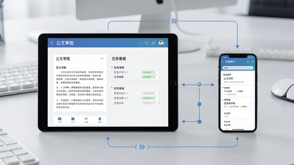 政务微信协同办公功能展示,主体为平板电脑和手机并列,屏幕显示公文审批、任务看板、日程安排界面,背景为浅灰色办公桌面,布局协调,风格清新商务,细节有流程线条连接,画质高清,干净,无多余元素。