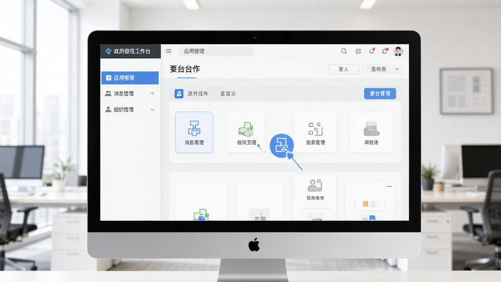 政务微信工作台定制界面,主体为电脑屏幕显示后台管理界面,左侧菜单栏有应用管理、消息管理、组织管理,右侧为工作台预览,背景为明亮办公室环境,布局规整,风格专业,细节有拖拽组件图标,画质清晰,干净,无多余元素。